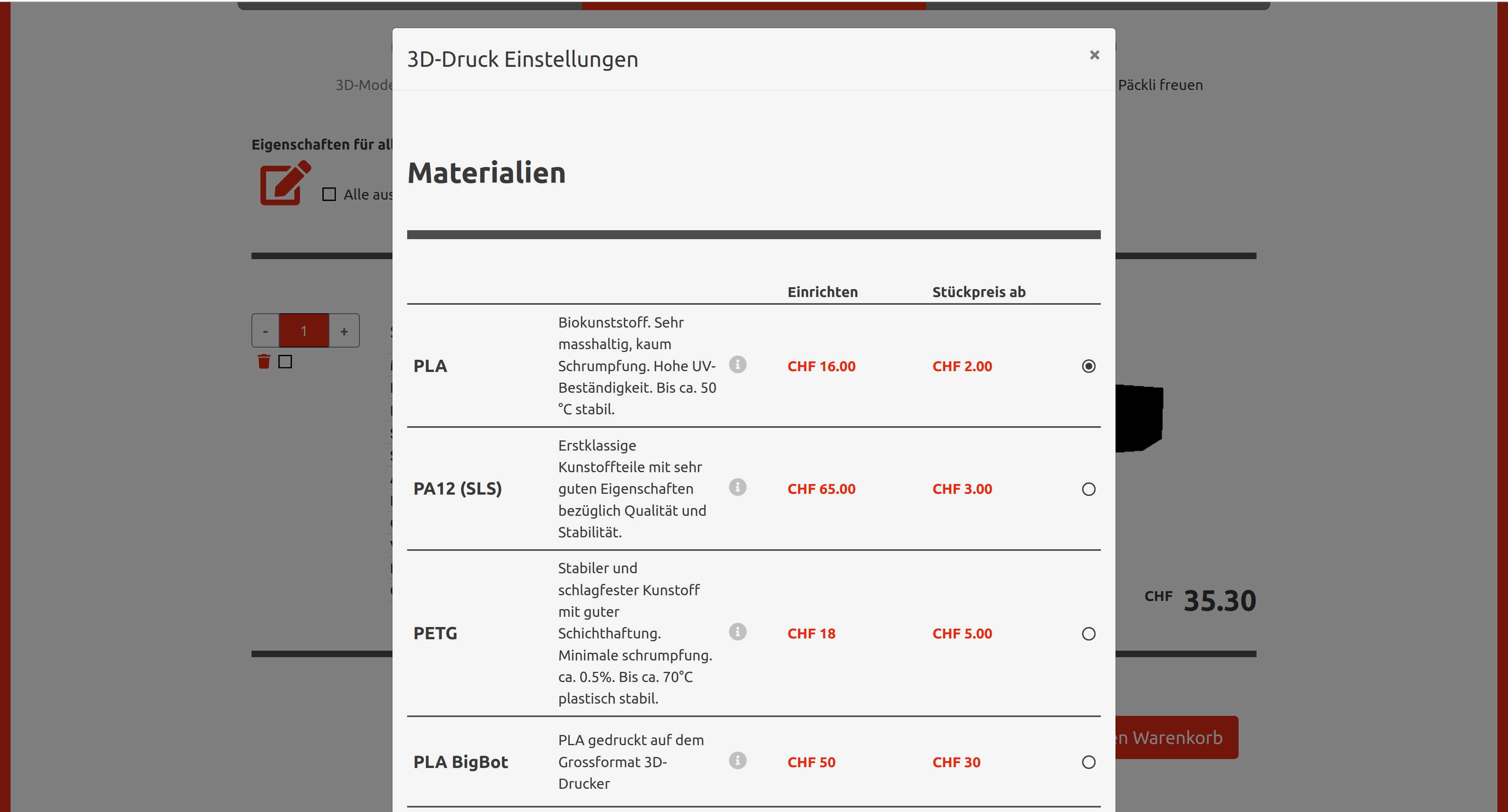 Screenshot Materialauswah 3D-Printing Service Teil3.ch